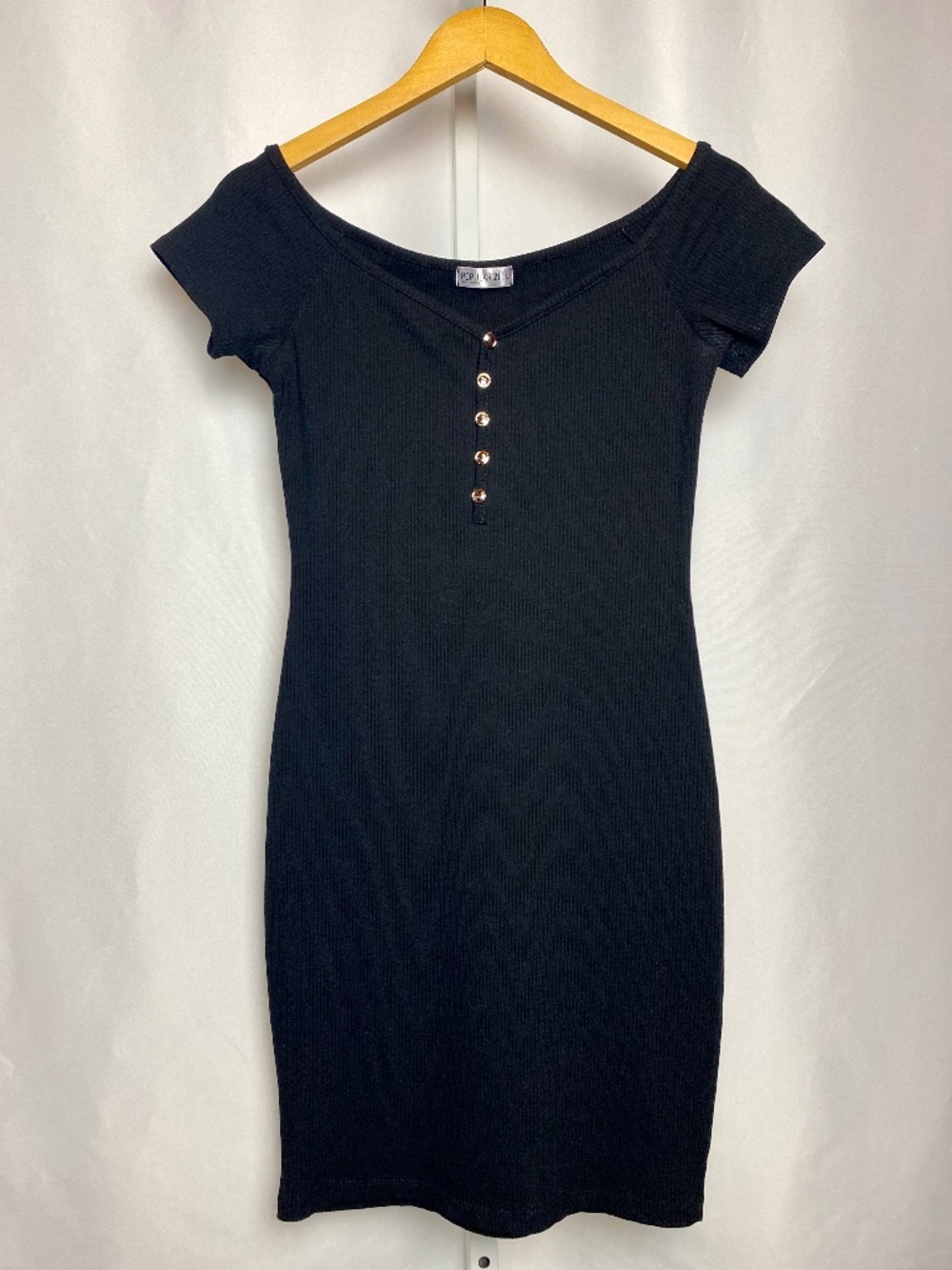 Popular 21 Womenʻs Black Off-the-Shoulder Ribbed Bodycon Mini Dress Large